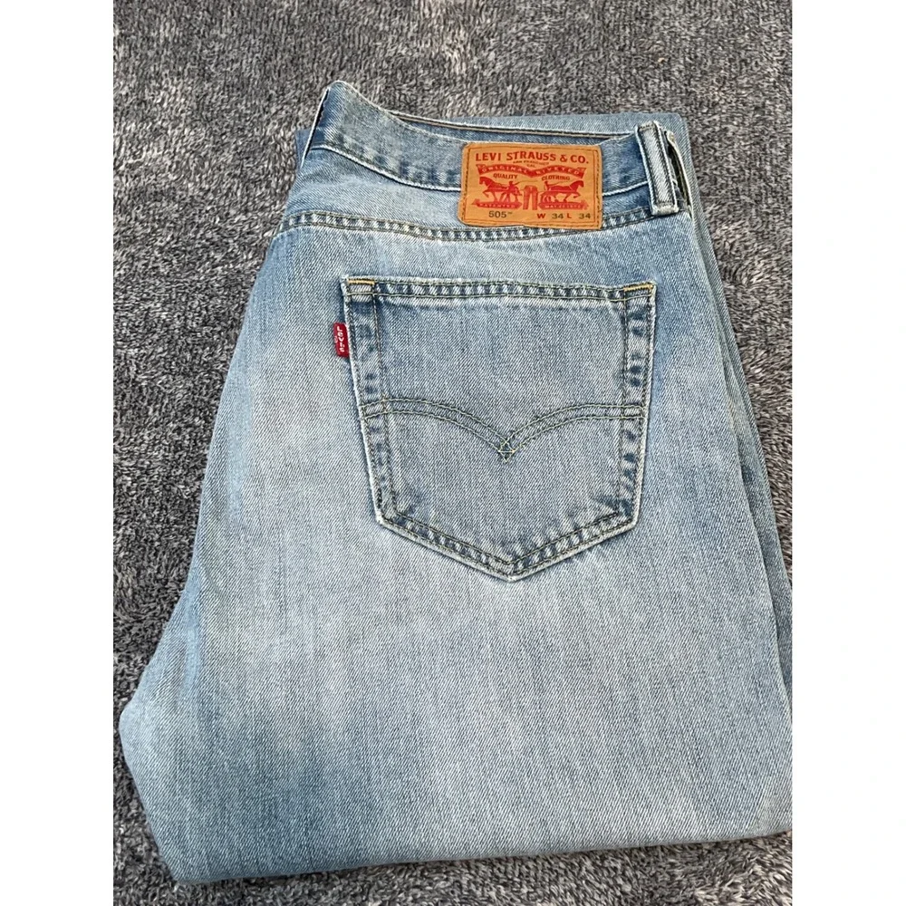 Levis 505 Regular Fit Straight Leg Light Wash Denim Jeans Mens 34x34 Blue - Picture 8 of 8